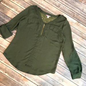 Candies Olive Green Pullover Blouse with Lace